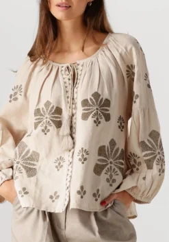 SUMMUM blouses longsleeve top linen heavy embroidery beige New