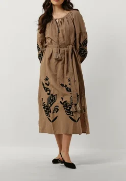 SUMMUM e midi jurk dress linnen heavy embroidery bruin Hot