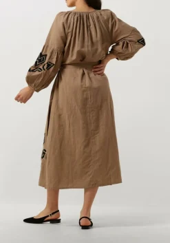 SUMMUM e midi jurk dress linnen heavy embroidery bruin Hot