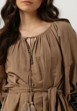 SUMMUM e midi jurk dress linnen heavy embroidery bruin Hot