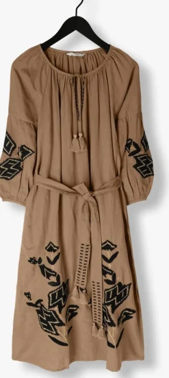 SUMMUM e midi jurk dress linnen heavy embroidery bruin Hot