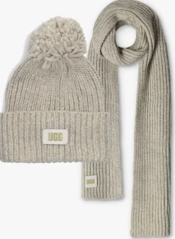 UGG lichtgrijze muts chunky rib beanie knit pom set lichtgrijs Sale