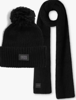 UGG e muts chunky rib beanie knit pom set zwart